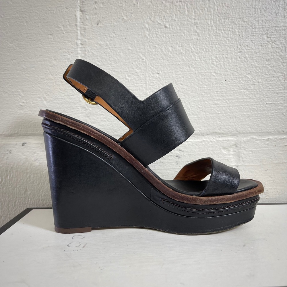 Tory Burch Selby Black Leather Wedge Sandals Ankle Strap Women's US 5.5 M - Picture 2 of 12
